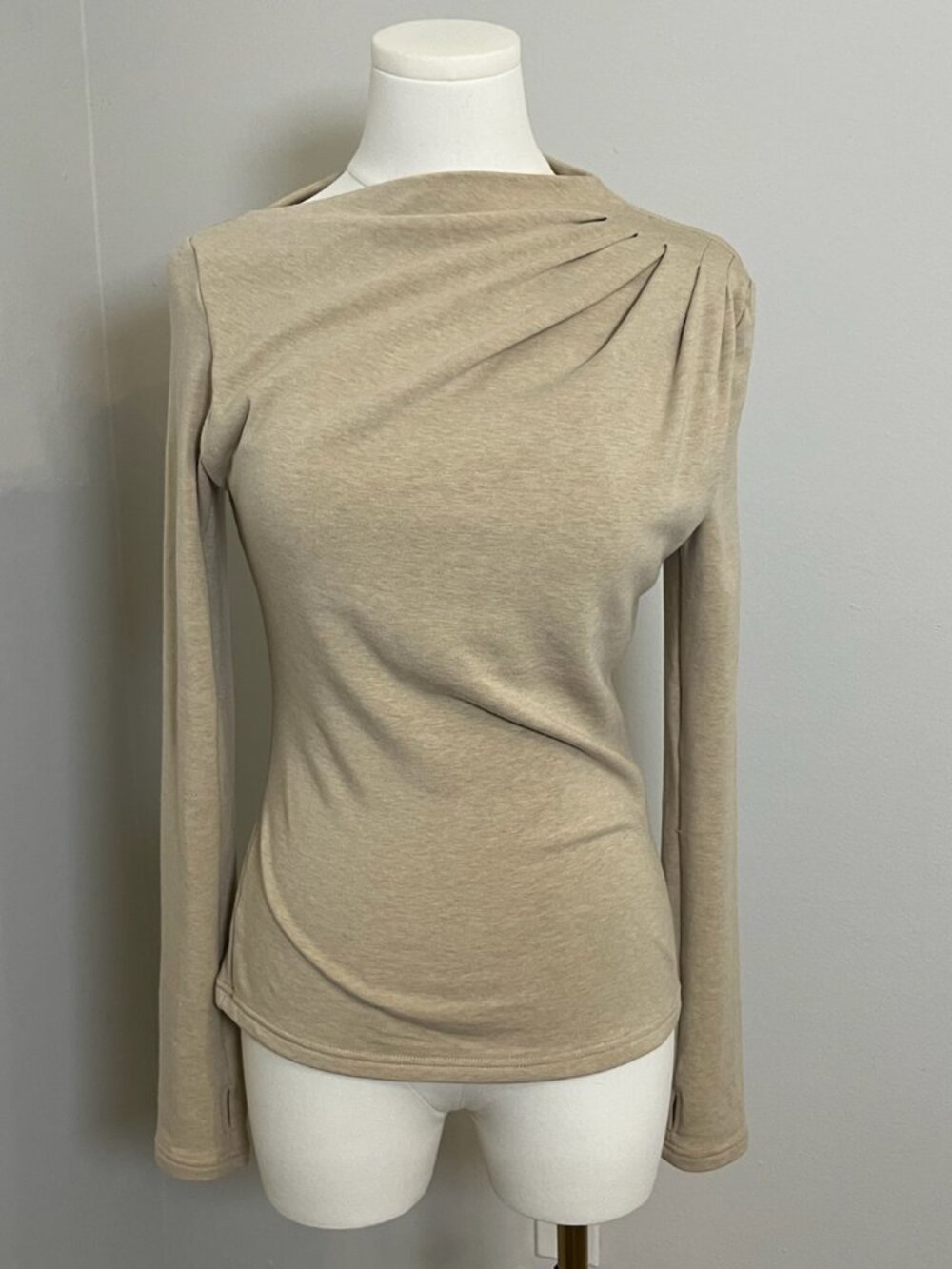 OGL Ruched Boatneck Long Sleeve Brami with Thumbholes - Natural Calico / M